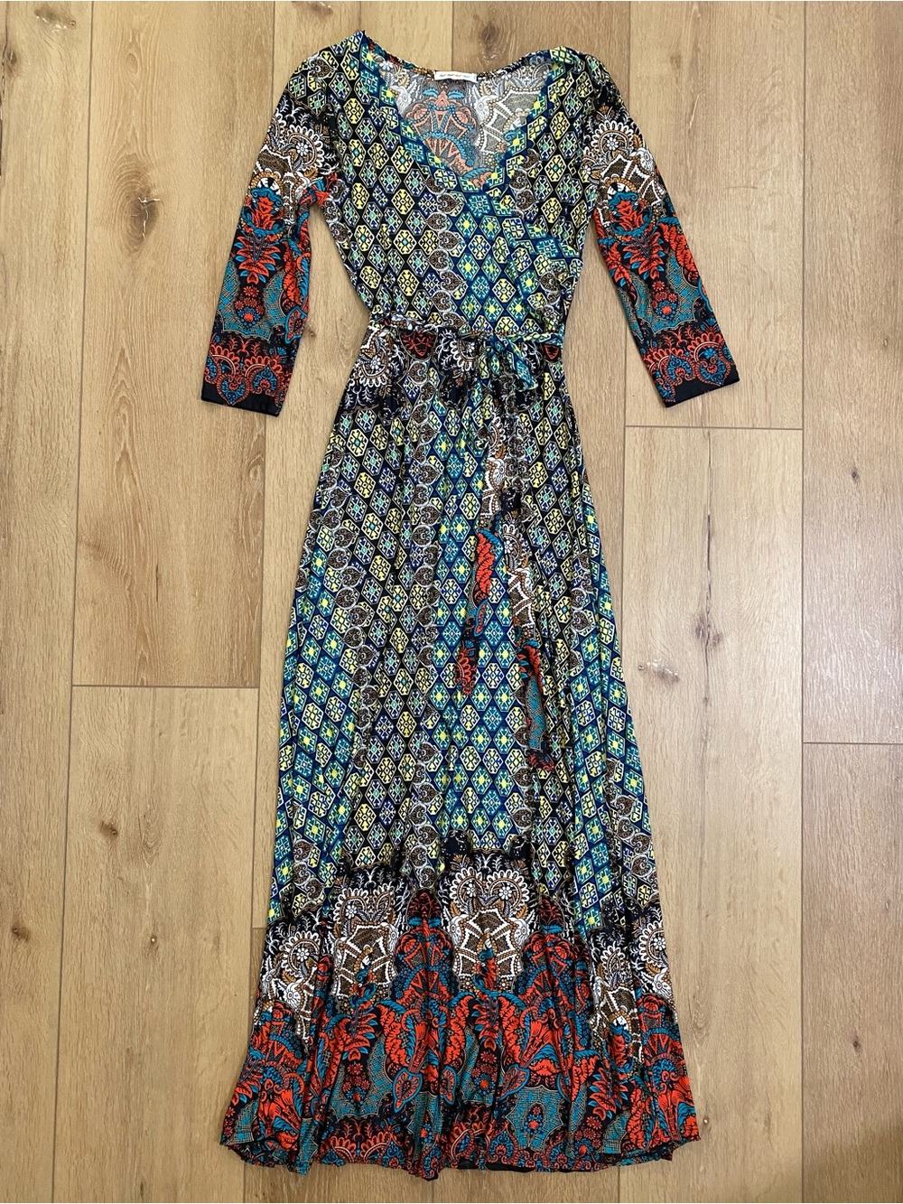 Tua Tua Tua Tua Dress Boho Faux Wrap Maxi Paisley Mixed Print Western Festival S